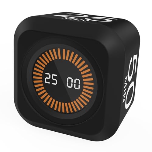 Rotating Cube Visual Pomodoro Timer 5, 25, 10, 50 Min Preset+Custom Mode | Rechargeable Cube Desk Productivity Flip Timer with Custom, Detachable Silicone Case, Ideal for ADHD Tool Study Work School - color: Black