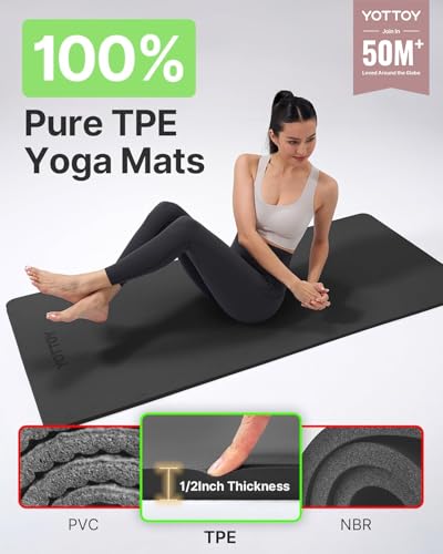 YOTTOY Yoga Mat，Extra Thick Yoga Mat (1/2inch),Professional TPE Exercise Mat,Non-Slip Workout Mat for Yoga, Pilates, Fitness, Barefoot Workouts, Home Gym Studio with Strap - color: Black, size: 72*32*1/2inch