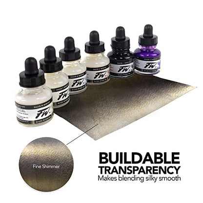 Daler-Rowney FW Acrylic Ink Bottle 6-Color Shimmering Set with Empty Marker - Acrylic Set of Drawing Inks for Artists and Students - Permanent Art Ink Calligraphy Set - style: 6 Pack, Shimmering