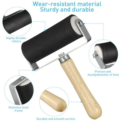 Ciieeo 4 Pcs Brayer Roller Set - Rubber Brayer Rollers for Printmaking Stamping, Ink, Painting Craft Projects Scrapbooking Art DIY Tools with Ergonomic Wooden Handle - size: 14x12.2x3.5cm