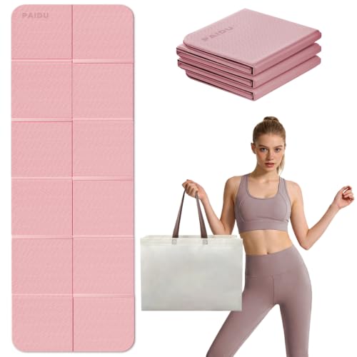 PAIDU Foldable Yoga Mat, 70"x24"x0.31" TPE Non-Slip Mat with Bag | Double‑sided non‑slip, 8mm thick TPE, foldable for travel, ideal for yoga/pilates/fitness/home/outdoor workouts - color: Pink+Black