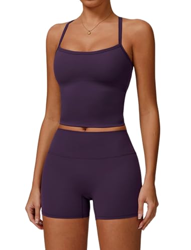 QBGJTD Two Piece Workout Sets For Women Tank Top Matching High Waist Booty Lifting Shorts Gym Yoga Active Wear Outfits - color: Dark Purple, size: Small