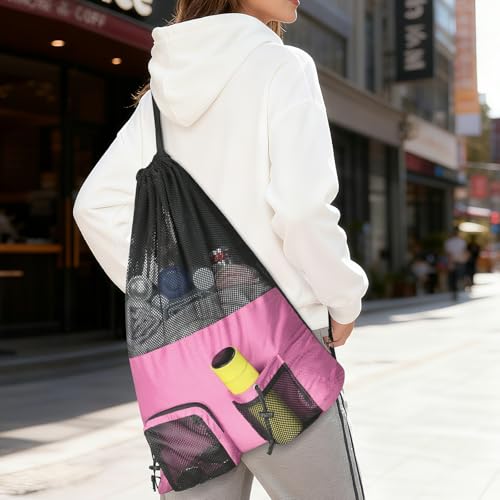 NATURAL STYLE Mesh Drawstring Gym Swim Beach bag, Large Waterproof Pool Sports Backpack for Swimming Gear Workout Yoga Travel - color: Pink