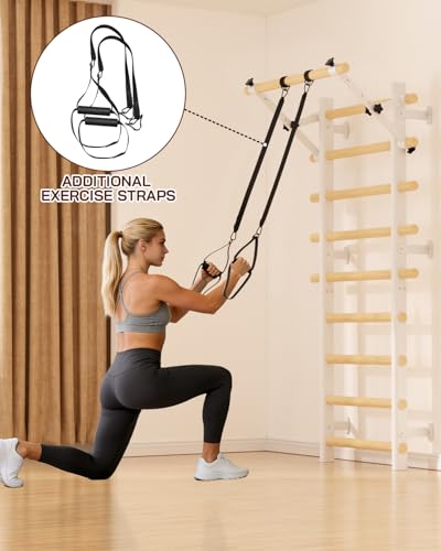 Cofiyard Swedish Ladder Wall Gym, Wooden Wall-Mounted Stall Bars with Pull-up Bar & Exercise Straps & Dip Bars, Stretching Ladder Full Body Home Gym Adults New - color: White