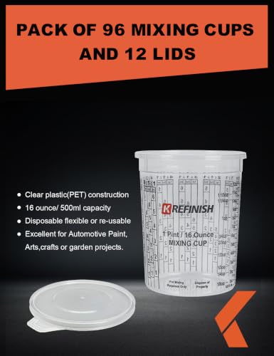 KREFINISH 16 OZ Paint Mixing Cups Graduated Disposable Clear Plastic Epoxy Measuring Cups (Box of 96 Cups & 12 Lids) Use for Automotive Painting, Resin, Acrylic, Arts, Pigments - Mixing Ratios - size: 16 Ounce
