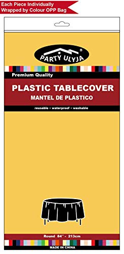 Yellow Plastic Tablecloths 2 Pack Disposable Table Covers 84 Inch Circle Bridal Shower Party Tablecovers PEVA Vinyl Table Cloths for BBQ Picnic Birthday Wedding Banquet Parties 6 ft Round Table Use - color: D03 Yellow