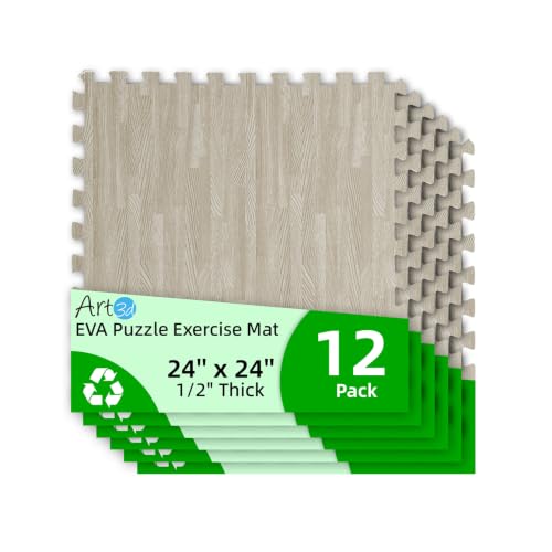 Art3d 12 Pack 24" x 24" EVA Interlocking Exercise Mats, 1/2" Thick Foam Puzzle Flooring for Workout, Gym Equipments, Training Areas, 48 Sq.FT, Grey Oak - color: Grey Oak, size: 48 Sq Ft