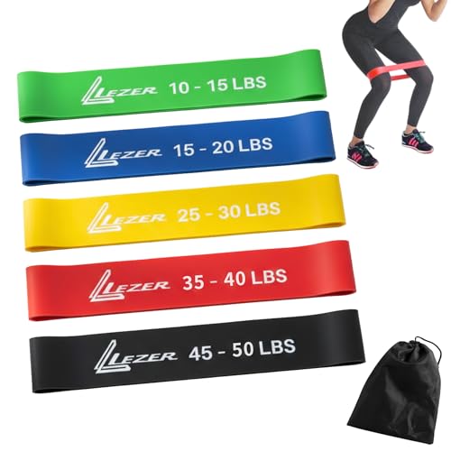 LEZER Resistance Loop Bands for Exercise Workout, Elastic Band, Stretch, Home Gym Fitness, Strength Training, Physical Therapy, Yoga, Women, Men, with Instruction and Carry Bag, Set of 5
