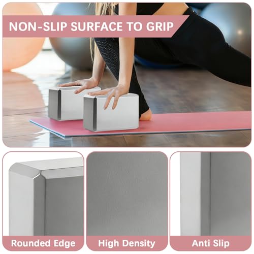 4 Pack Yoga Blocks - Premium EVA Foam Blocks for Pilates Workout, Stretching, Meditation - Yoga Brick for Flexibility, Balance, Spine Strength, Non-slip and Lightweight Exercise Blocks (Gray)
