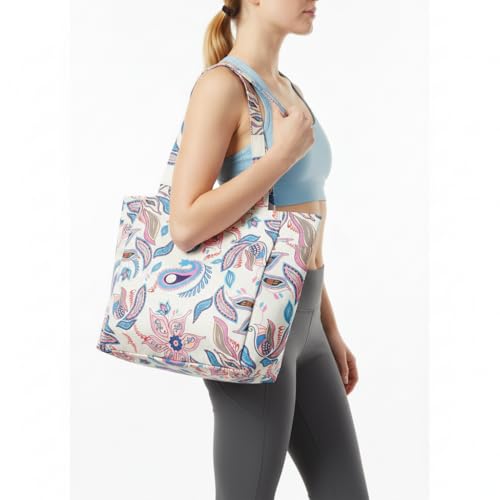Floral Paisley Pattern Yoga Bag, Canvas Tote with Blue and Pink Design, Spacious Carrier for Yoga Mat and Accessories - color: White