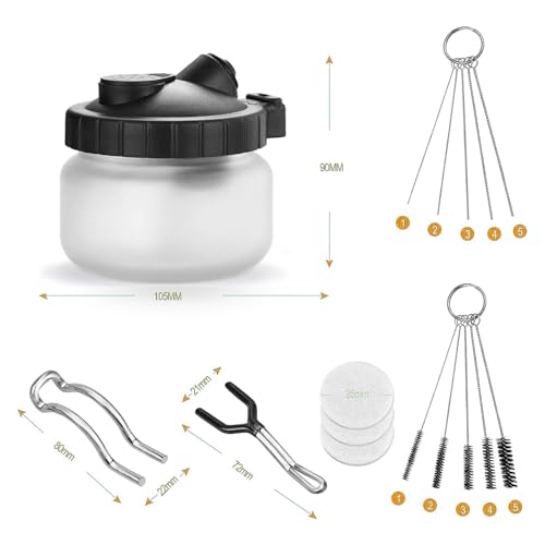 Langlengtec Airbrush Cleaning Kit Wash Jar with 5pcs Nozzle Set, 5pcs Brushes for Home and Office Use, Stainless Steel Duster with air Brush Needle Wrench