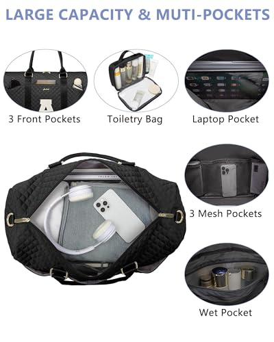 Women Weekender Travel Duffle Bag: Initial Duffel Overnight Bags with Shoe Compartment Large Carry on Tote with Toiletry Bag Weekend Traveling Yoga Gym Hospital Bag for Women with Wet Pocket Letter A - color: 15-Black Letter A, size: Large