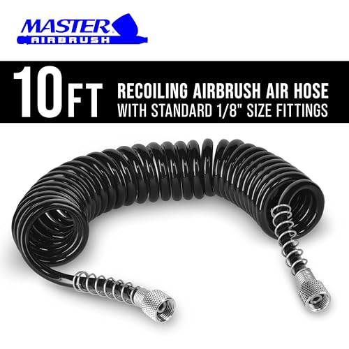 Master Airbrush Premium 10 Foot Recoiling Airbrush Hose | Standard 1/8" BSP 1/8" Air Brush Hose Adapter Fitting Connectors on Both Ends - size: 10' Coiled (1/8" Fittings)