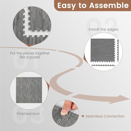 Tangkula 25 Tiles Foam Flooring Mats with Border, 100 SQ FT EVA Interlocking Exercise Foam Mats for Exercise Equipment, Elastic Puzzle Play Mats, 3/8” Non-Slip Workout Floor Mats for Home Gym (Gray) - size: 100 sq.ft, Gray