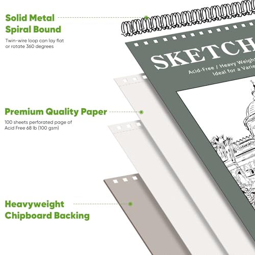 Soucolor Sketch Book 9x12, Drawing Paper Pad 68lb/100gsm Acid-Free | 100 Sheets,Top Spiral Sketchbook for Kids Adults, Art Supplies Sketch Pad for Drawing Illustration College Essentials - color: Green, size: 9" x 12" (Pack of 1)