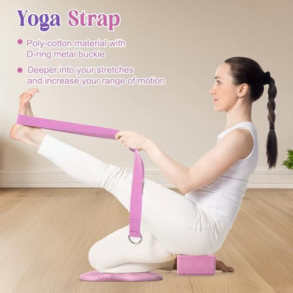 RoundFunny 5 Pcs Yoga Blocks Knee Pads Yoga Strap Set Soft Premium Foam Blocks Accessories for Pilates Meditation General Fitness Stability, Kneeling, Balance, Deepen Stretches and Toning - color: Pink