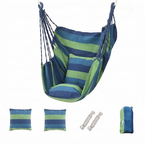 Hammock Chair Hanging Chair with 2 Cushions Maximum Load-Bearing 330 pounds Canvas Material is Very Breathable and Comfortable Suitable for Many Indoor and Outdoor scenarios (Blue-Green) - color: Blue-green