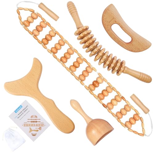 Xokocli 5-in-1 Wood Therapy Massage Tools Lymphatic Drainage Massager for Muscle Pain Relief | Maderoterapia Kit Body Sculpting Tools for Anti-Cellulite, Body Shaping - color: 5pcs