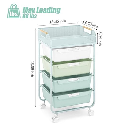 SYKIARIOL 4-Drawer Rolling Storage Cart with Mesh Top,Green | Utility Craft Organizer Cart on Wheels with 4 DIY Labels, Rolling Drawer Cart for Home Office Classroom Bedroom - color: Gradient Green
