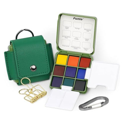 Funto Mini Watercolor Travel Set, Christmas Green Gift Travel Artist Outdoor Sketch Kits with 2 Foldable Palettes, Portable Leather Case and Metal Clip, Kit for Art Lovers - style: Utility Set