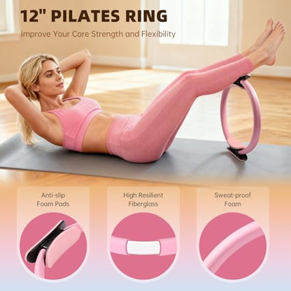 Uyittour 16PCS Pilates Kit for Home Workouts, Essential Equipment Set with 12'' Ring & 9” Ball, 5 Resistance Bands - Pilates Starter Kit for Women, Full Body Toning & Strength
