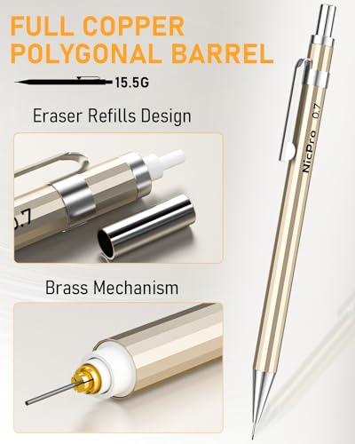 Nicpro 34PCS Art Mechanical Pencil Set, Metal Drafting Pencil 0.3 mm & 0.5 mm & 0.7 mm & 0.9 mm & 2PCS 2mm Lead Holder (6B 4B 2B HB 2H 4H Colors) For Sketching Drawing With 19 Tube Lead Refills Case - color: Champagne 34