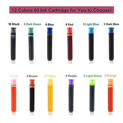 TIANREN Calligraphy Pen set,Fountain Pens with 8 Different Replaceable Nibs with 60 Ink Cartridges(12 Colors),Calligraphy set for Beginner Writing Drawing.