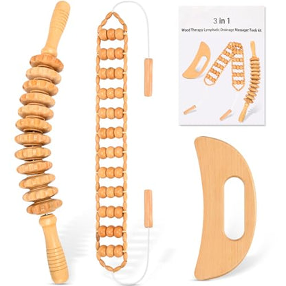 3-in-1 Wood Therapy Massage Tools Lymphatic Drainage Massager Maderoterapia Kit Wooden Gua Sha Massager Body Sculpting Tools for Muscle Pain Relief, Anti-Cellulite, Body Contouring and Shaping