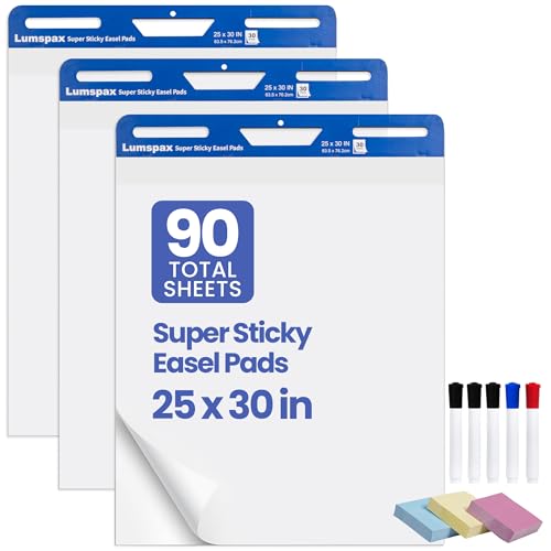 Sticky Easel Pads 25 x 30 Inches, Bleedproof Self-Adhesive Flip Chart Paper, 30 Sheets/Pad, 3 Pads/Pack, Strong Adhesive Large White Anchor Chart Easel Paper Sheets for Classroom Office Whiteboard Wall Window