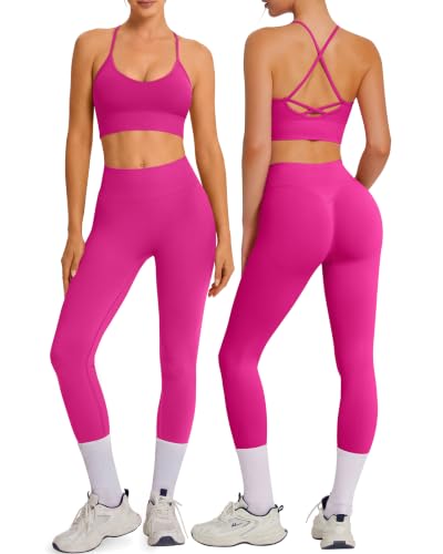 OMKAGI Padded Workout Sets for Women Cross Back Tank Gym Leggings Outfits - color: 772-peach Powder, size: Small