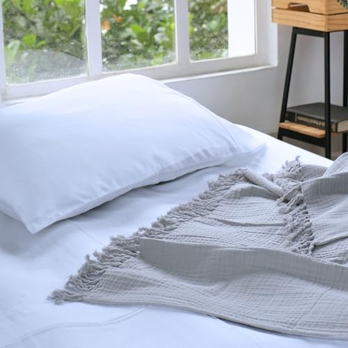 100% Cotton Gauze 50"X60" Throw Tassel 4 Layered Blanket- Scottish Grey | Premium Muslin Blanket for Couch,Bed,Living,Summer Lightweight, All Seasons Blankets & Throws, Boho,Travel & Skin Friendly - color: Scottish Grey, size: 50"X60" Throw