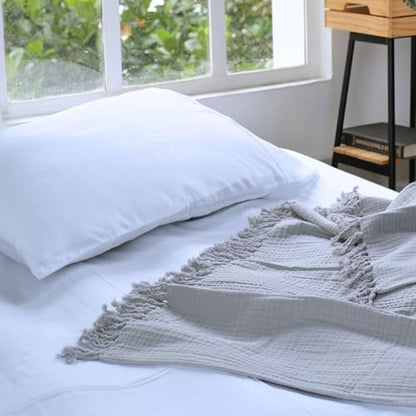 100% Cotton Gauze 50"X60" Throw Tassel 4 Layered Blanket- Scottish Grey | Premium Muslin Blanket for Couch,Bed,Living,Summer Lightweight, All Seasons Blankets & Throws, Boho,Travel & Skin Friendly - color: Scottish Grey, size: 50"X60" Throw