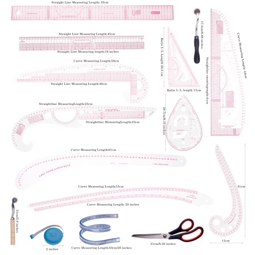 Acrylic Sewing Ruler Set，French Curve Pattern Rulers Kit for Tailors Designers Precision Pattern Making Guides Quilting and DIY Supplies (Ruler Set 4-15Pcs) - color: Pink Ruler Set 4-15Pcs