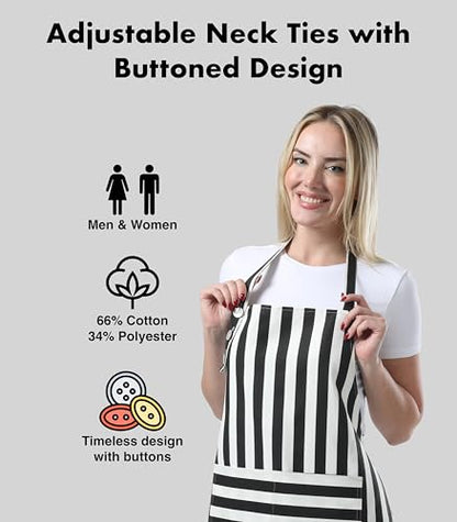 TOSHEX Kitchen Apron Cotton Waterdrop Resistant Adjustable Button Women Men | Premium Cotton Cooking Apron with Pocket. Striped, Gift, Black - color: Black