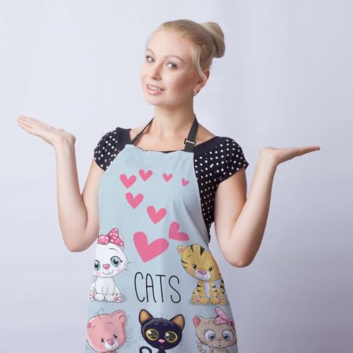 Chef Apron for Women Cute Cartoon Cats and Hearts Mans Aprons for Grilling for Kitchen Cooking Restaurant BBQ Painting Crafting 27” (W) x 31” (H), Waterproof Apron - color: Cats and Hearts