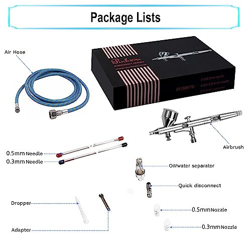 Pinkiou Airbrush Kit with Different Nozzle and Needles Muti-Purpose Dual Action Airbrush Sets with Air Brush 0.2 0.3 &0.5mm Needles and Air Hose for Hobby Model Painting Tattoo Cake Nail Art - color: silver