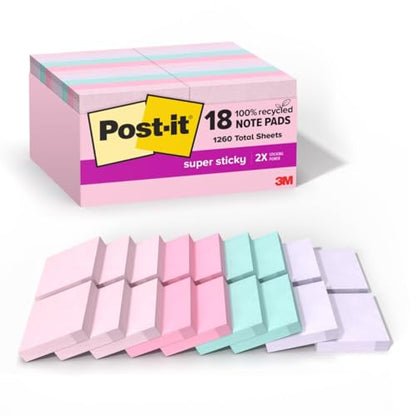 Post-it Recycled Super Sticky Pop-up Notes, 1 7/8" x 1 7/8", Wanderlust Pastels Collection, 70 Sheet/Pad, 18 Pads/Pack | School Supplies and Office Products, 2X the Sticking Power