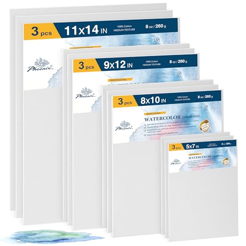 PHOENIX Watercolor Canvas Boards for Painting - 12 Multi Sizes Pack, 5x7,8x10,9x12,11x14 Inch, 100% Cotton Water Color Panels, 8 Oz. / 260g White Blank Medium Texture Flat Canvases - size: Multi Size/ 12 Pack, style: Canvas Panel