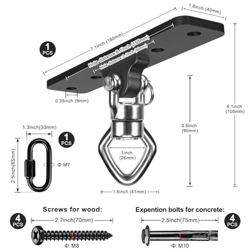 BeneLabel Ceiling Mount Swing Hanger with Bearing 900 LB Capacity Heavy Bag Hanger Stainless Steel Hanging Chair Mount 360° Swing Hardware for Aerial Silks, Punching Bag, Gymnast Ring - color: 1pack-4 Holes Black Base Swing Hanger