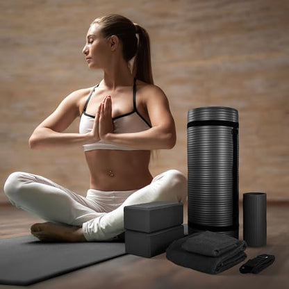 BalanceFrom 7-Piece Yoga Set with 71x24x1 Inches Extra Thick Mat and Carrying Sling – Includes 2 Blocks, Stretch Strap, 2 Towels, and Knee Pad for Home, Studio, and Gym Workouts - color: Black