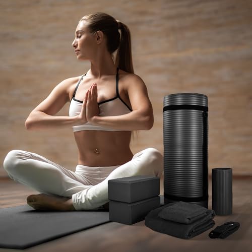 BalanceFrom 7-Piece Yoga Set with 71x24x1 Inches Extra Thick Mat and Carrying Sling – Includes 2 Blocks, Stretch Strap, 2 Towels, and Knee Pad for Home, Studio, and Gym Workouts - color: Black