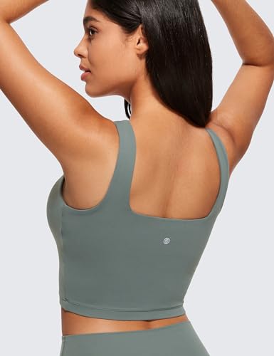 CRZ YOGA Butterluxe Square Neck Crop Tank Top | Built in Bra, Light Support, Removable Pads, Yoga, Extremely Soft, Wide Straps, Longline Sports Bras for Women - color: Grey Sage, size: Medium