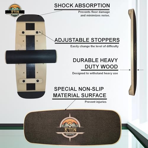 Kiin Balance Board Trainer, adjustable stoppers – Indo Board, Balancing Board for Surfing, Core Training, Wobble Board for Skateboarding, Surfing, Skating, Yoga and Fitness. - color: Black