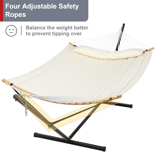 Outdoor Hammock with Stand Included, Two Person Hammock, Beige | Heavy Duty Hammock with Curved Spreader Bars, Pillow, Safety Ropes and Portable Carring Bag, Large Hammock, Max 450 Lbs - color: Beige