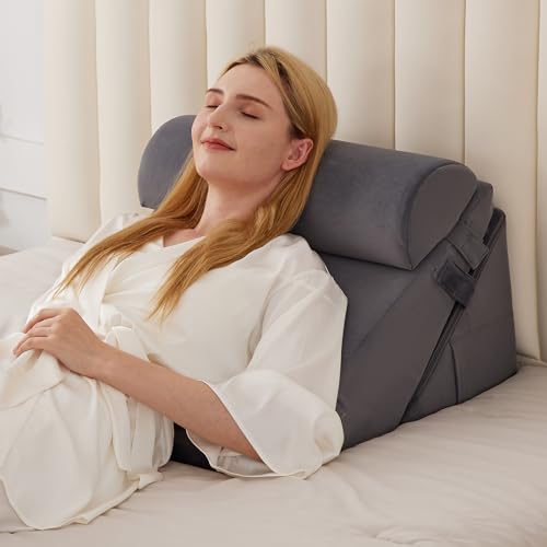 3PCS Wedge Pillow for Acid Reflux Relief, Adjustable Wedge Pillow Headboard, Bed Wedges Pillow for Back Pain Relief, Sleeping, Post Surgery, Back Support Pillows for Sitting Up, Snoring, Plush Grey - color: Velvet Grey, size: Adjustable Wedge+1 Pillow