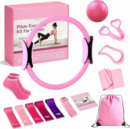 13/15Pcs Pilates Kit for Women, Pilates Equipment for Home Workouts with Magic Circle, Ball, Resistance Bands, Pilates Starter Set for Strength, Toning and Flexibility - color: Pink-13PCS Larger