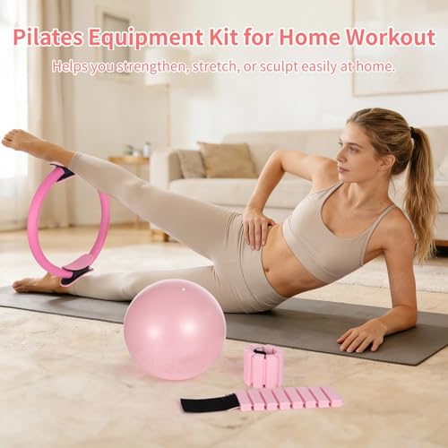 Pilates Equipment Kit for Home Workout, Pilates Ring Set with Ball, Ankle Wrist Weights, Resistance Bands, and Tape Measure, Women's Full Body Training Kit for Yoga