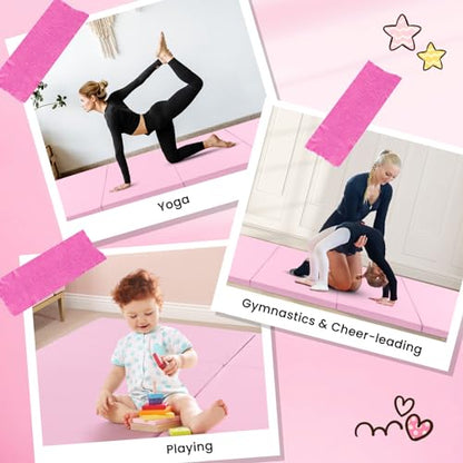 Giantex 4'x10'x 2" Gymnastics Mat, 4-Panel Folding Aerobics Exercise Mat w/Hook & Loop Fastener, Carrying Handle, Portable Tumbling Mat for Stretching Yoga Cheerleading Martial Arts - color: Pink