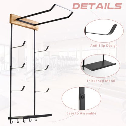 Junkin Yoga Mat and Ball Holder Wall Mount, 4-tier Yoga Mat & Ball Storage Rack, Metal Floating Shelf, Home Gym Organizer for Hanging Foam Rollers & Resistance Bands, Wood Color