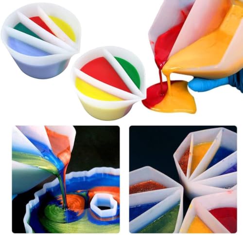 4 Pack Split Cups for Paint Pouring + 2 Pcs Stir Stick, Silicone Paint Pour Cup Resin with 2-5 Channels Dividers Pouring Painting Tools for DIY Making Accessories Fluid Art Drawing (2/3/4/5 Channels)